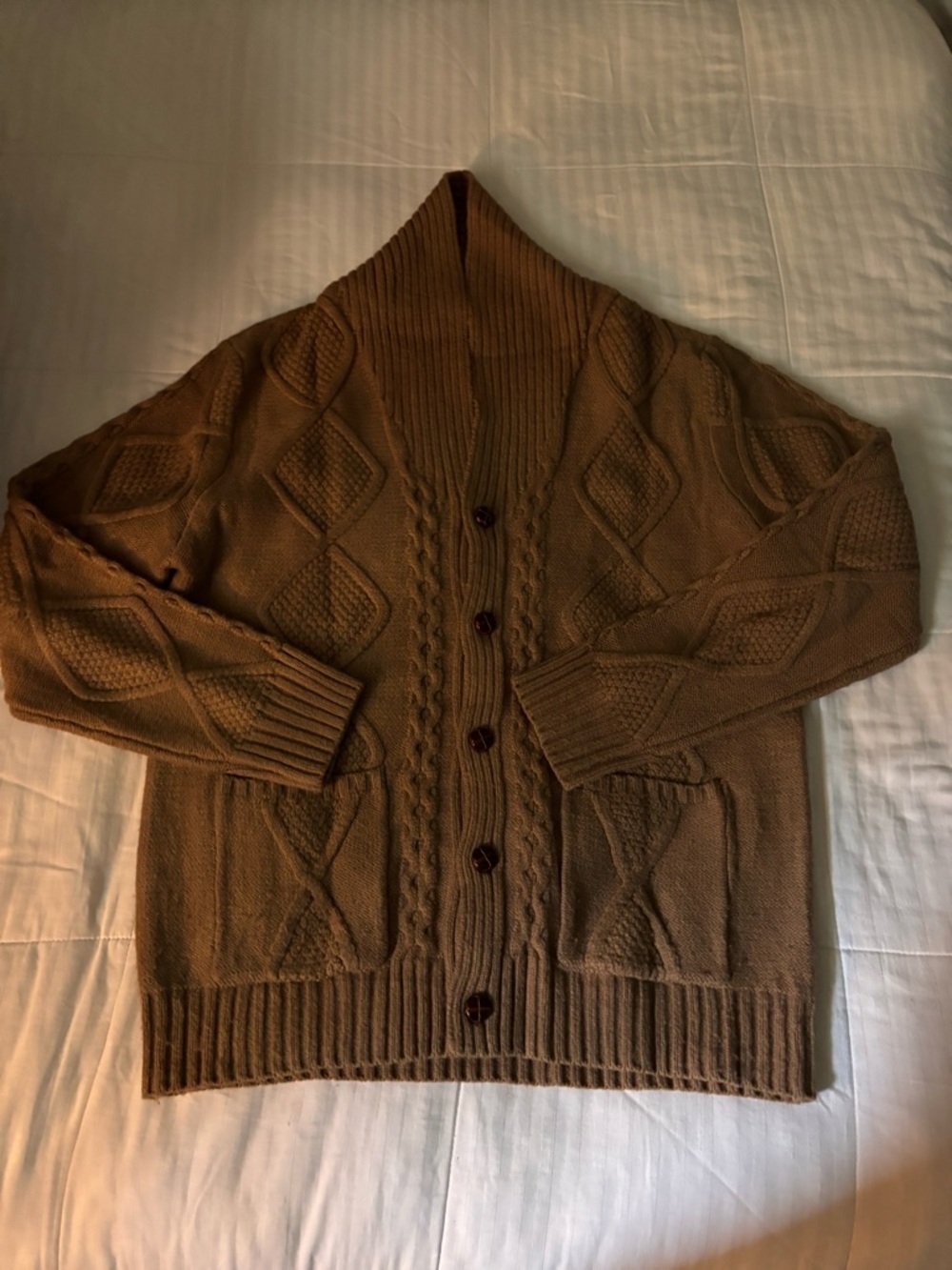 Men's Brown Shawl Collar Cable Knit Cardigan Sweater